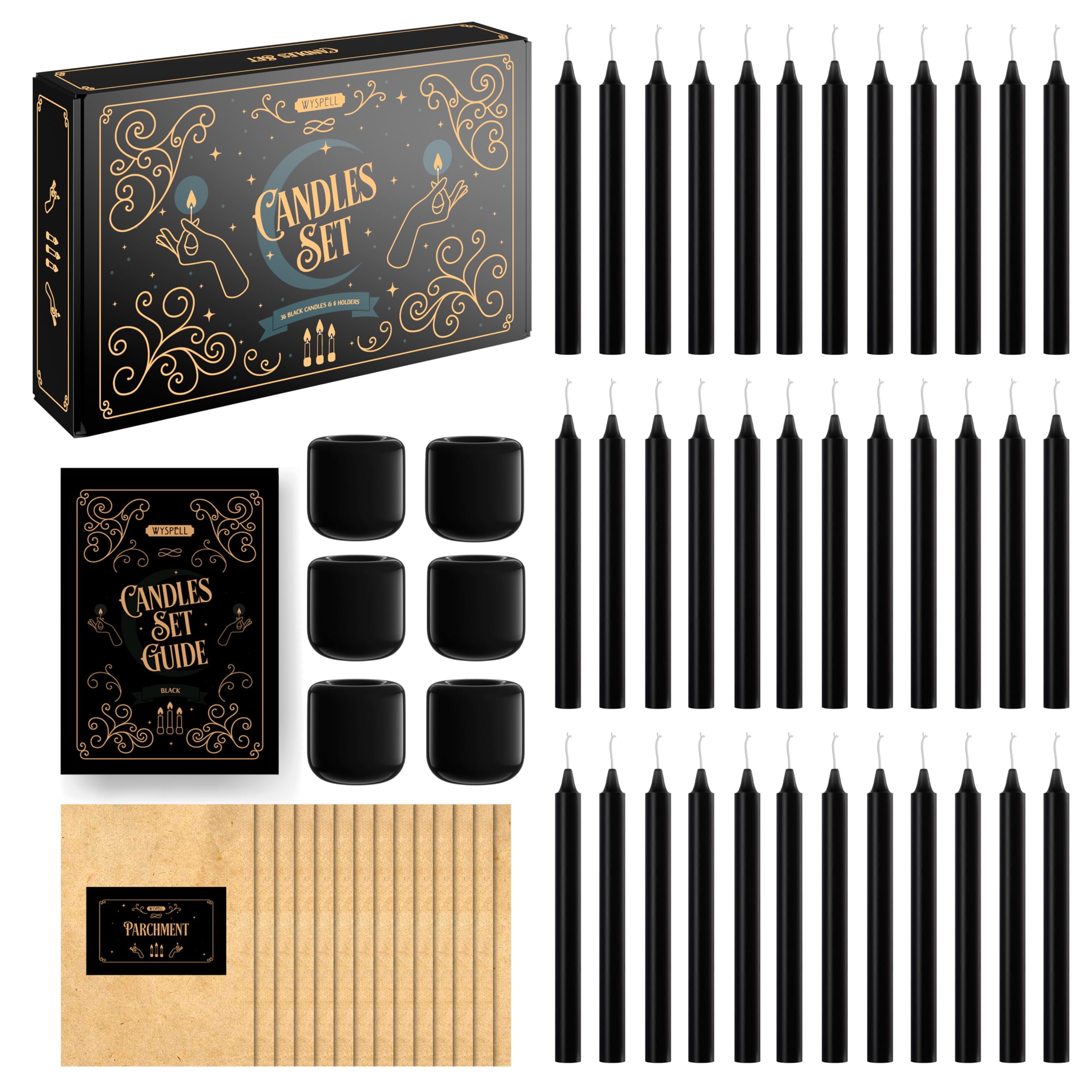 Wyspell 36‑Piece Black Spell Candle Set — 5” Chime Candles + 6 Candle Holders for Witchcraft & Rituals