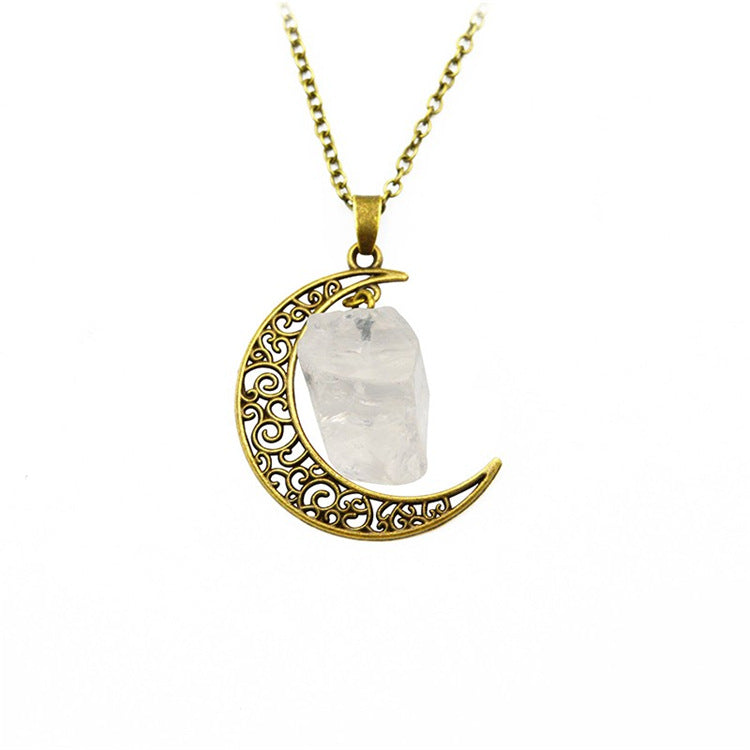 Handcrafted Natural Stone Moon Necklace — Minimalist Celestial Healing Pendant