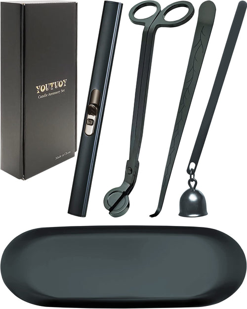 5‑in‑1 Candle Accessory Set with Rechargeable Lighter — Matte Black Luxury Candle Care Kit