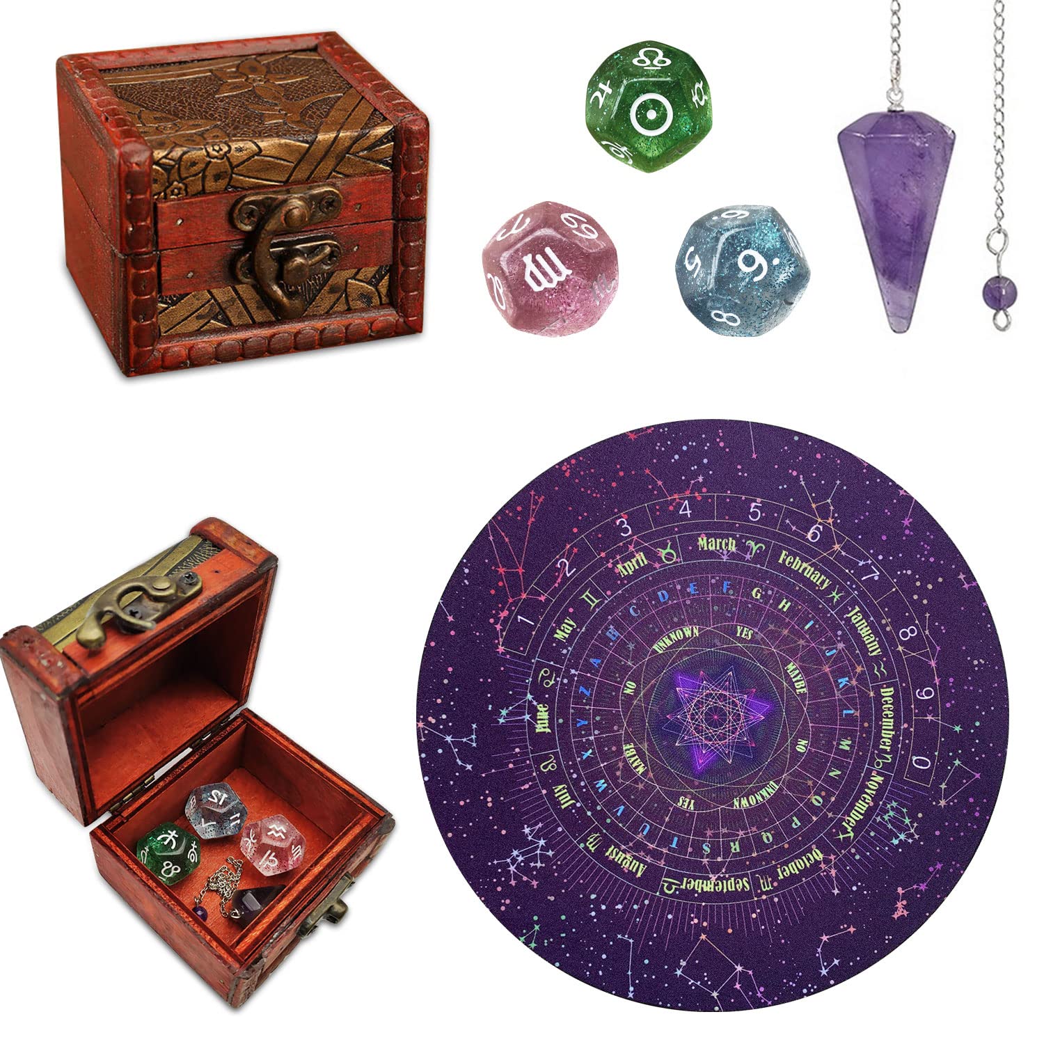 6‑Piece Pendulum & Divination Board Set — Crystal Dowsing, Tarot Dice & Astrology Kit (Knana)