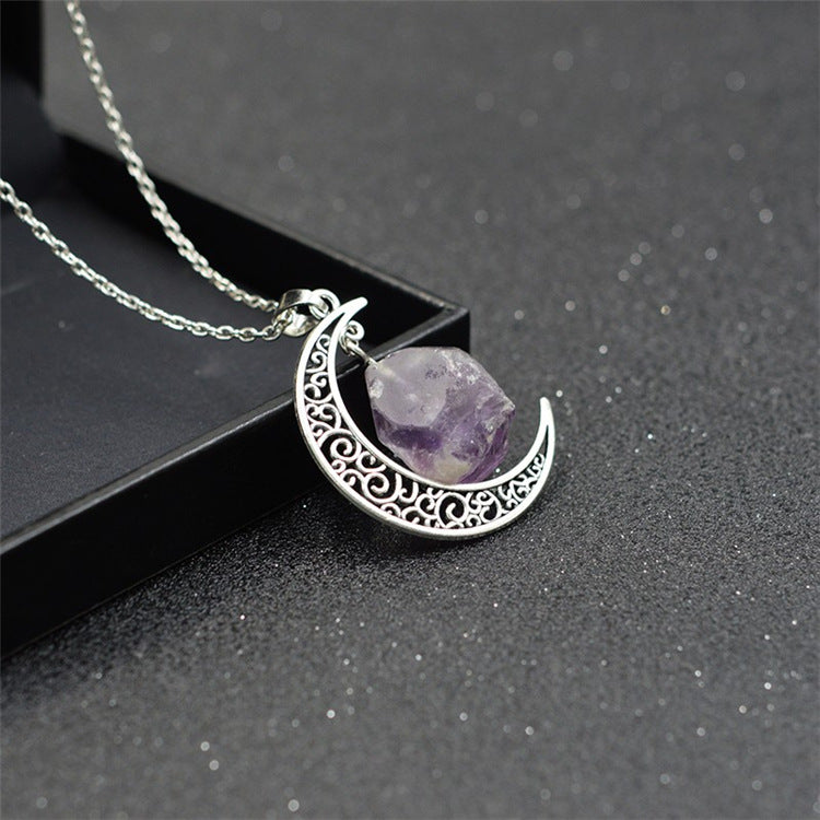 Handcrafted Natural Stone Moon Necklace — Minimalist Celestial Healing Pendant