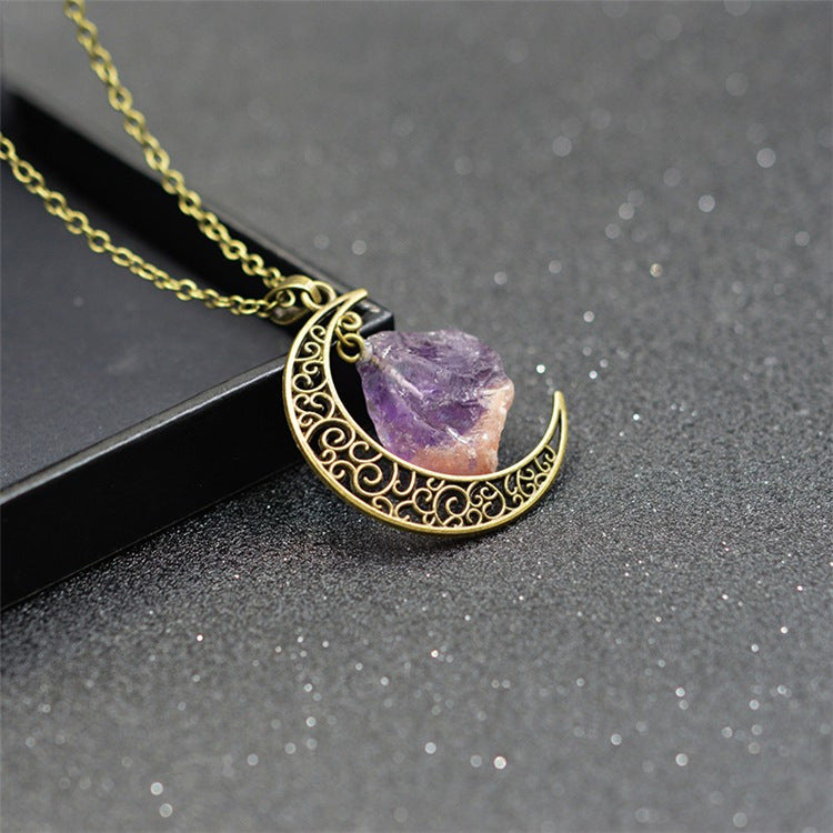 Handcrafted Natural Stone Moon Necklace — Minimalist Celestial Healing Pendant