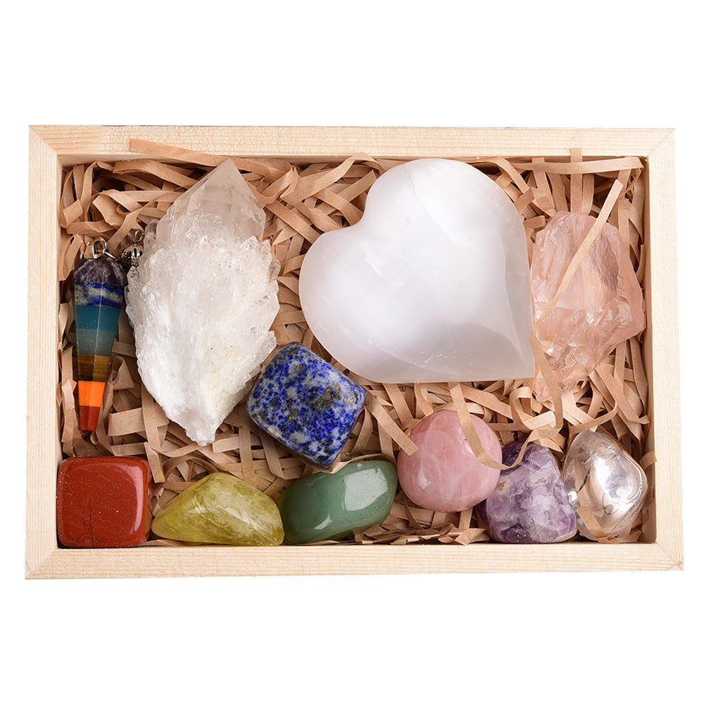 Rainbow Energy Crystal Pendulum Set with Wooden Box — Divination & Chakra Healing Tool