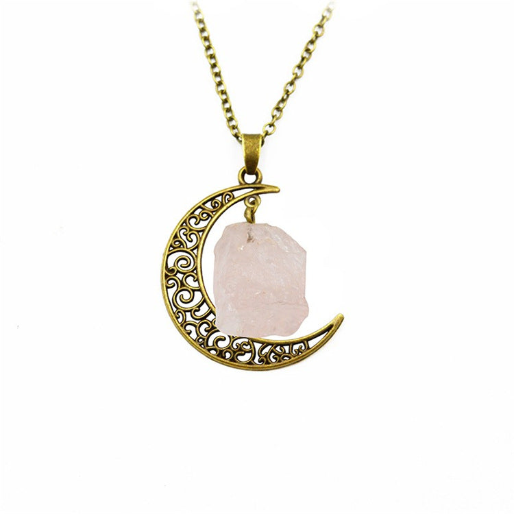Handcrafted Natural Stone Moon Necklace — Minimalist Celestial Healing Pendant