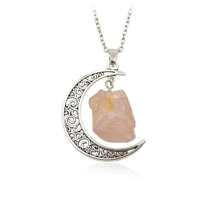 Handcrafted Natural Stone Moon Necklace — Minimalist Celestial Healing Pendant