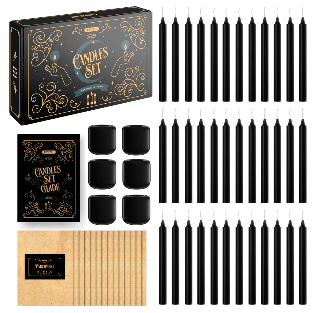 Wyspell 36‑Piece Black Spell Candle Set — 5” Chime Candles + 6 Candle Holders for Witchcraft & Rituals