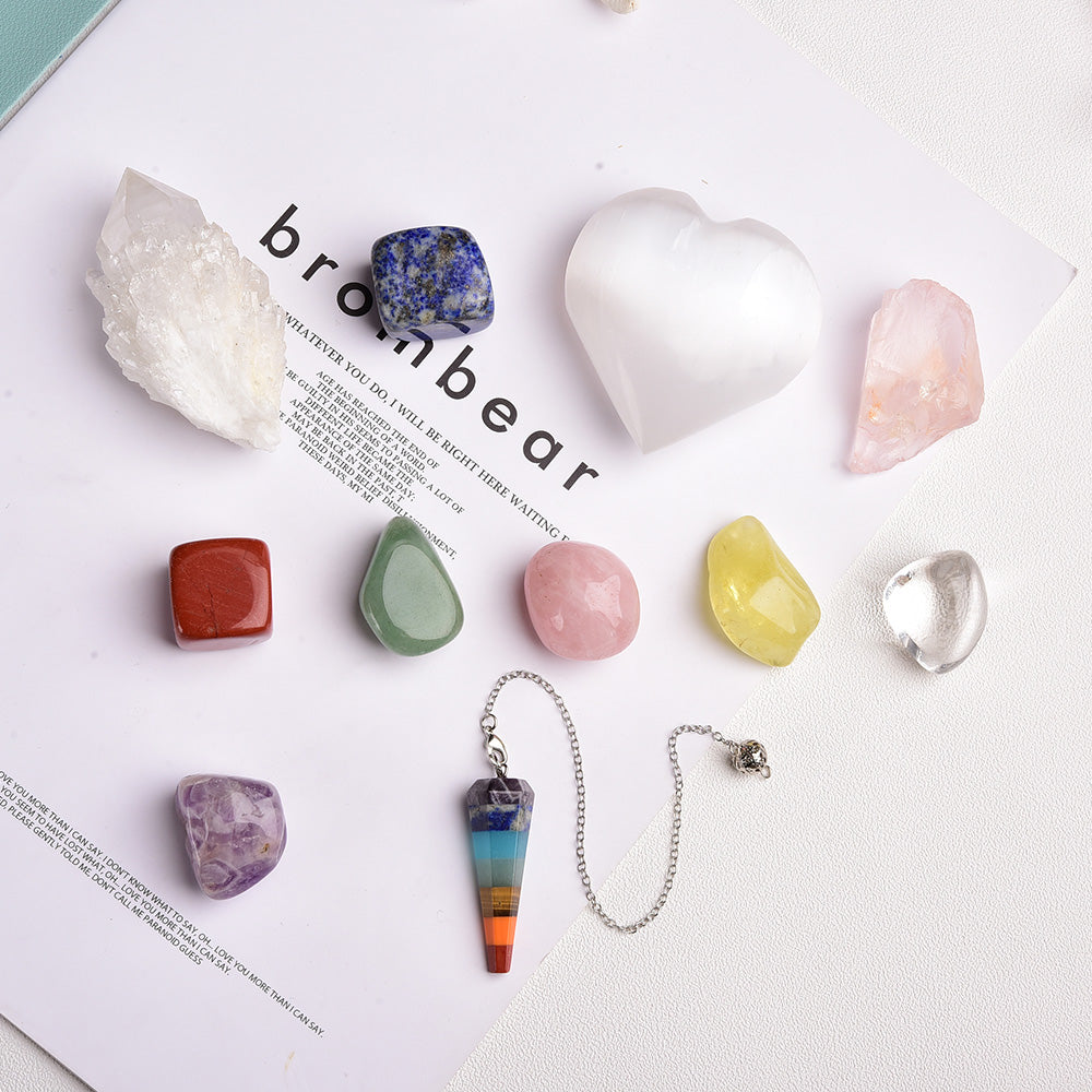 Rainbow Energy Crystal Pendulum Set with Wooden Box — Divination & Chakra Healing Tool
