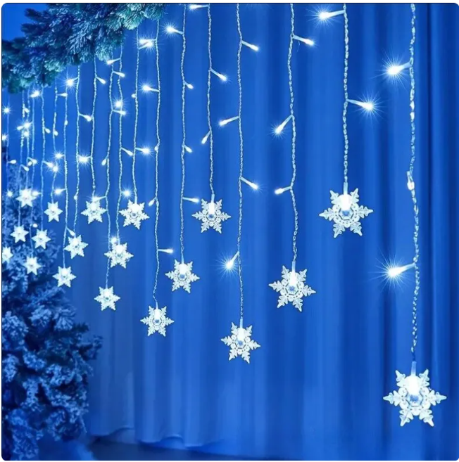 LED Snowflake Fairy Curtain Lights — Winter, Christmas & Party Décor