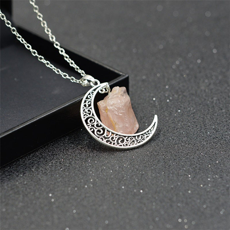 Handcrafted Natural Stone Moon Necklace — Minimalist Celestial Healing Pendant