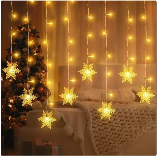 LED Snowflake Fairy Curtain Lights — Winter, Christmas & Party Décor