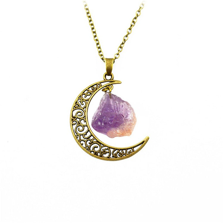 Handcrafted Natural Stone Moon Necklace — Minimalist Celestial Healing Pendant