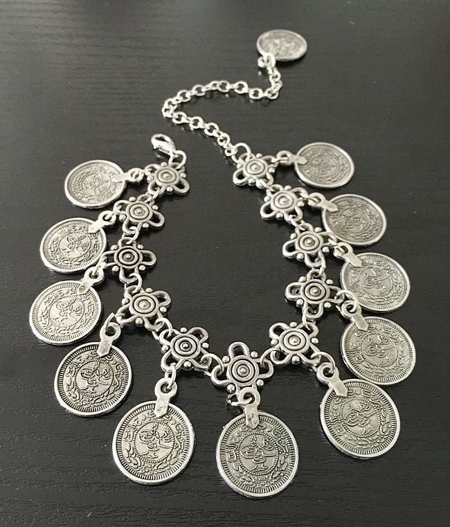 Vintage Metal Coin Tassel Anklet — Boho Gypsy Style Foot Jewelry