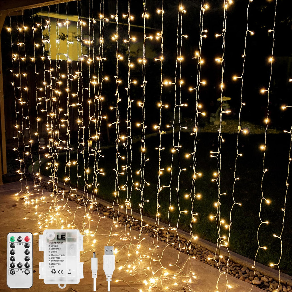10×10 ft Fairy Curtain Lights — 300 LED Hanging String Lights with Remote, USB & Battery Power