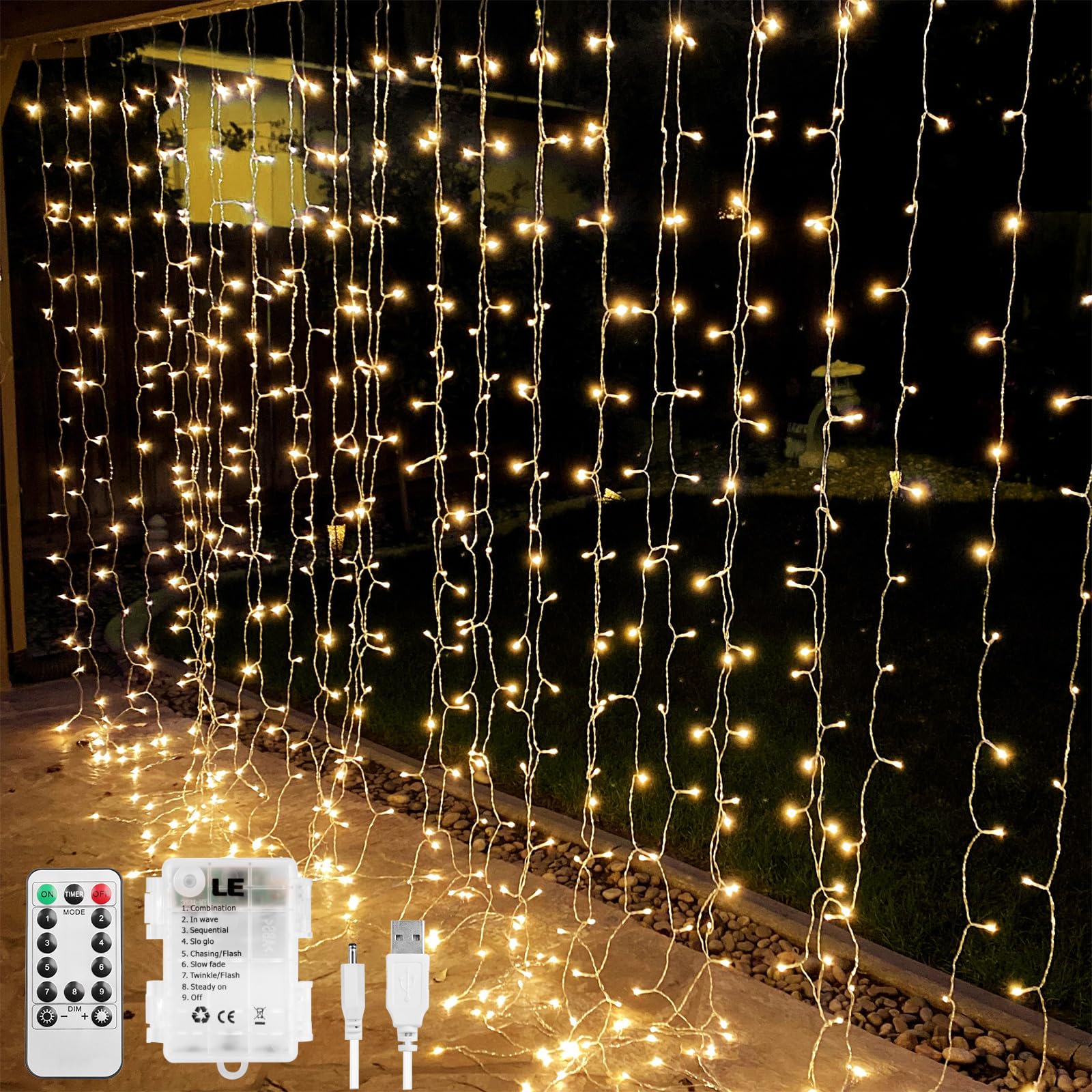 10×10 ft Fairy Curtain Lights — 300 LED Hanging String Lights with Remote, USB & Battery Power