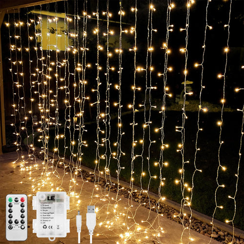 10×10 ft Fairy Curtain Lights — 300 LED Hanging String Lights with Remote, USB & Battery Power