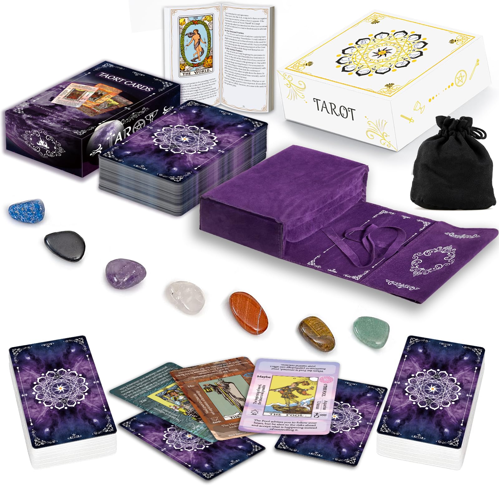 Tarot Cards Beginner Set — 5‑Piece Learning Tarot Kit with Guidebook, Velvet Bag & Chakra Stone