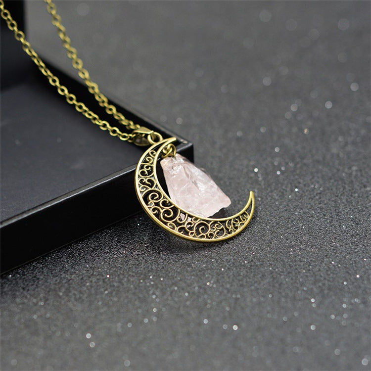 Handcrafted Natural Stone Moon Necklace — Minimalist Celestial Healing Pendant