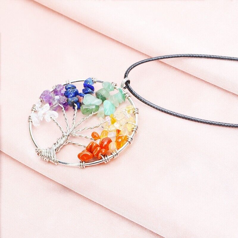 Tree of Life 7‑Chakra Gemstone Pendant — Natural Crystal Healing Necklace