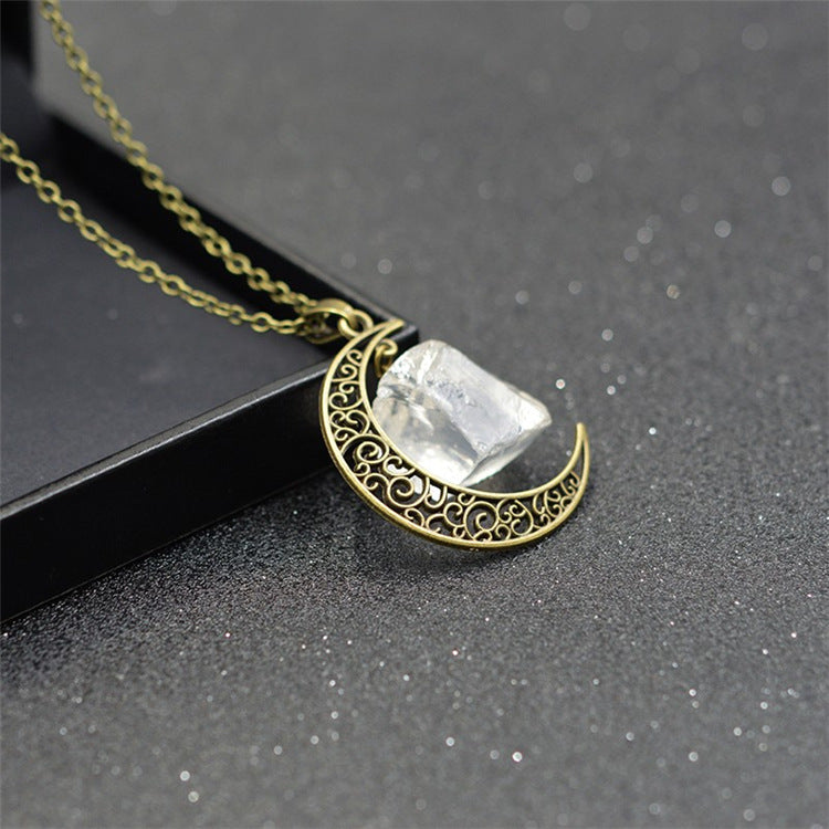 Handcrafted Natural Stone Moon Necklace — Minimalist Celestial Healing Pendant