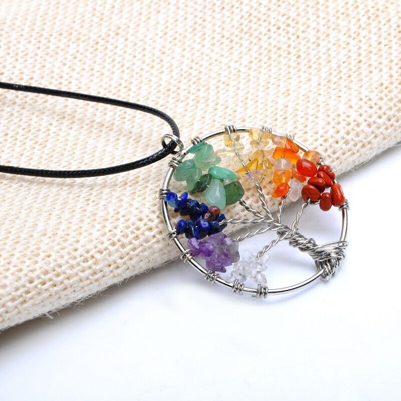 Tree of Life 7‑Chakra Gemstone Pendant — Natural Crystal Healing Necklace
