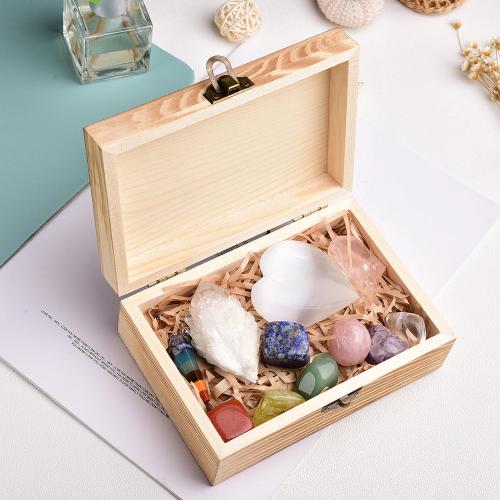 Rainbow Energy Crystal Pendulum Set with Wooden Box — Divination & Chakra Healing Tool