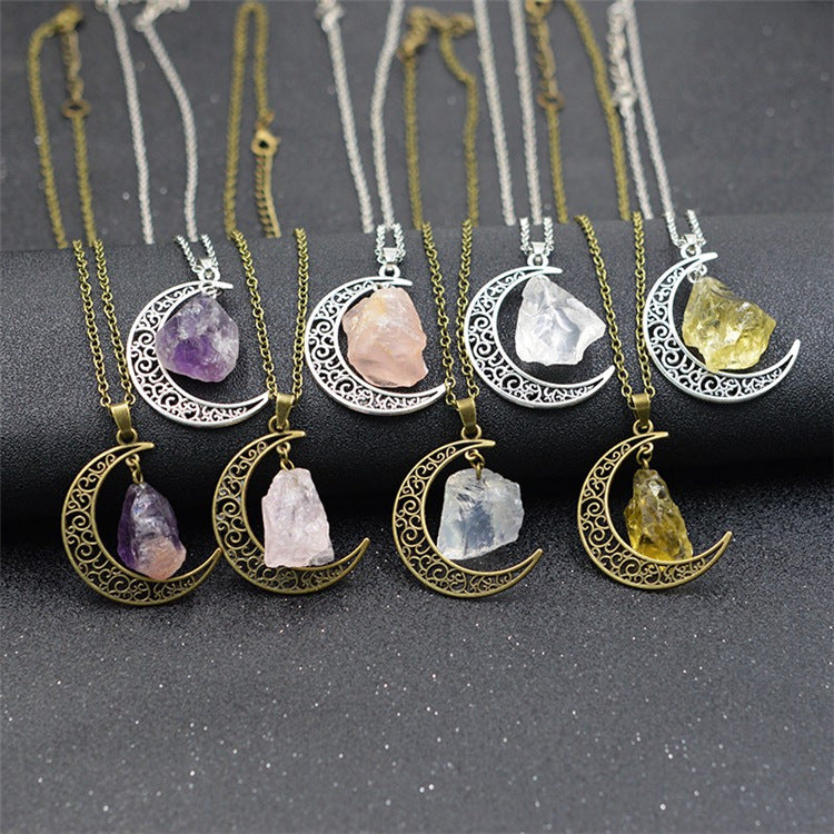 Handcrafted Natural Stone Moon Necklace — Minimalist Celestial Healing Pendant