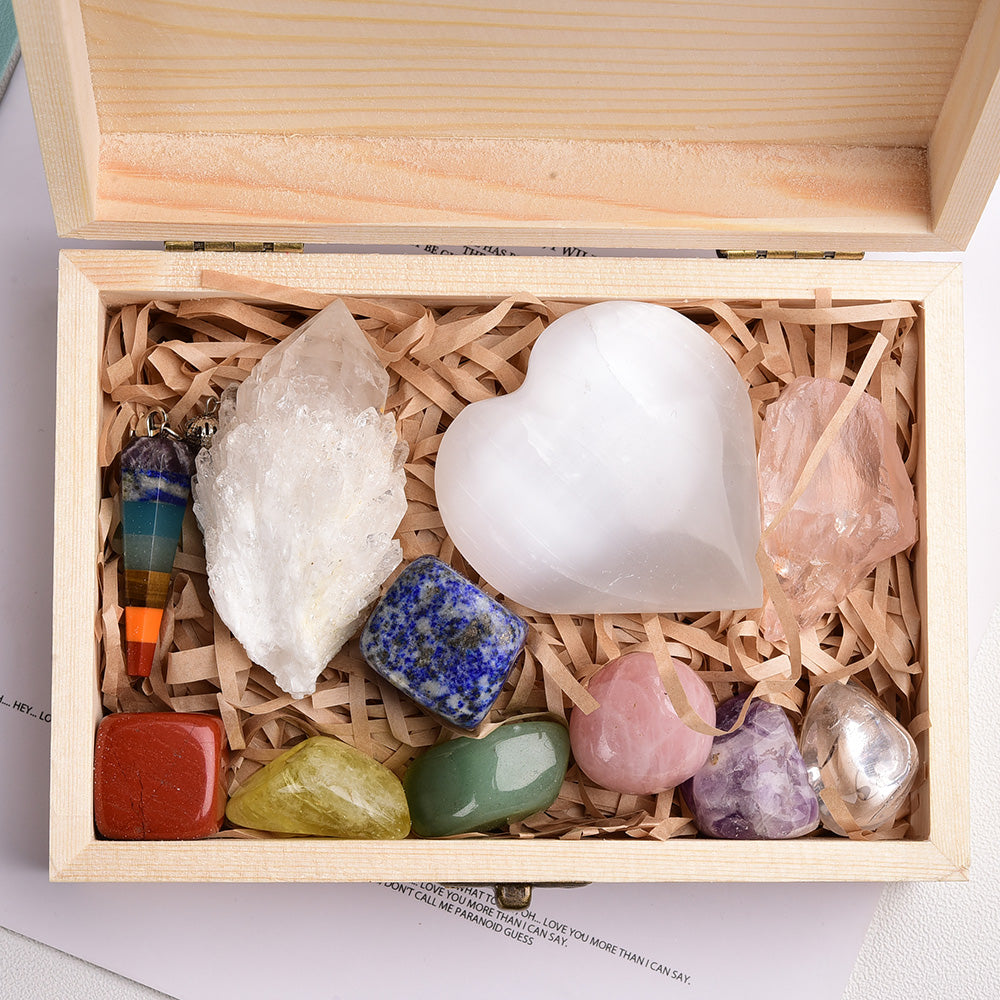 Rainbow Energy Crystal Pendulum Set with Wooden Box — Divination & Chakra Healing Tool