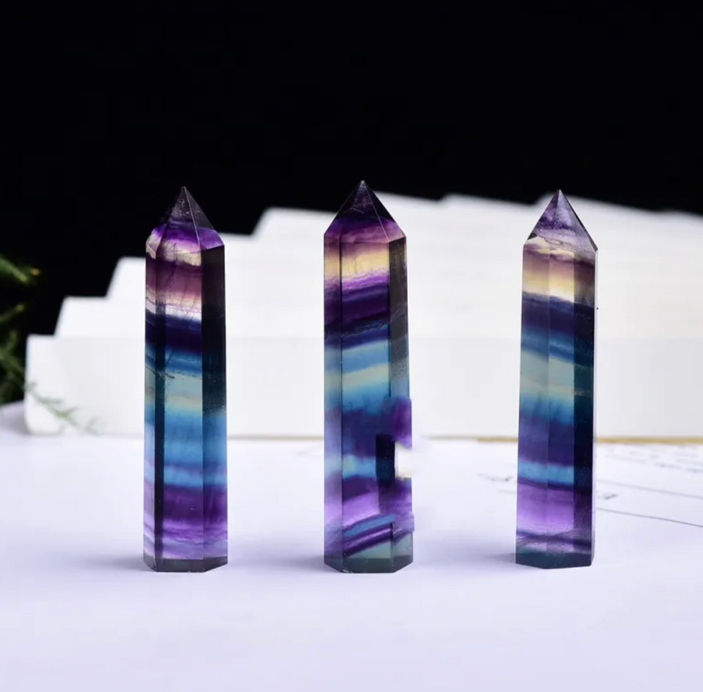 Six‑Sided Crystal Energy Column — Natural Polished Crystal Tower (Obsidian, Amethyst, Fluorite, Labradorite)
