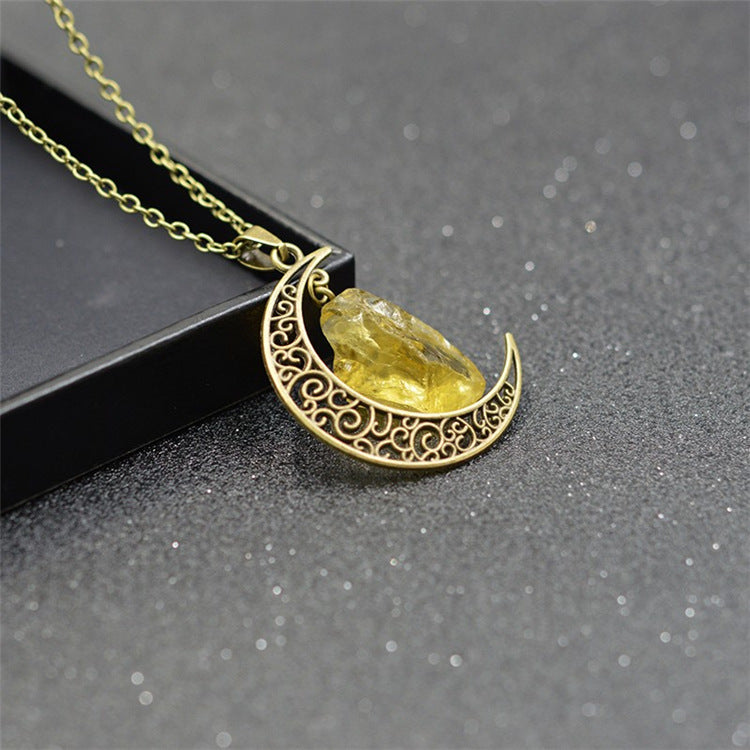 Handcrafted Natural Stone Moon Necklace — Minimalist Celestial Healing Pendant