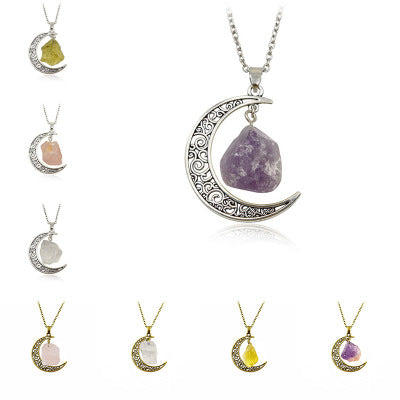 Handcrafted Natural Stone Moon Necklace — Minimalist Celestial Healing Pendant