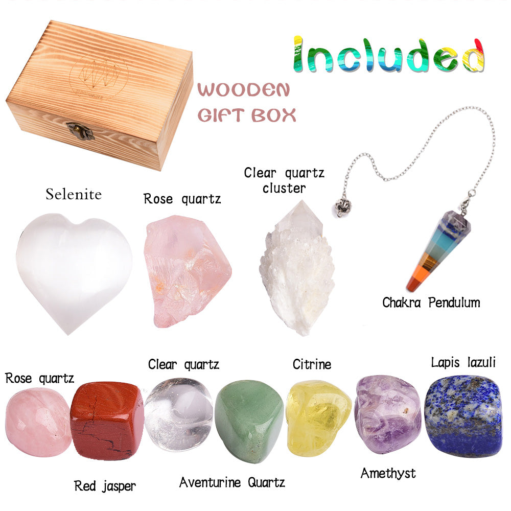 Rainbow Energy Crystal Pendulum Set with Wooden Box — Divination & Chakra Healing Tool