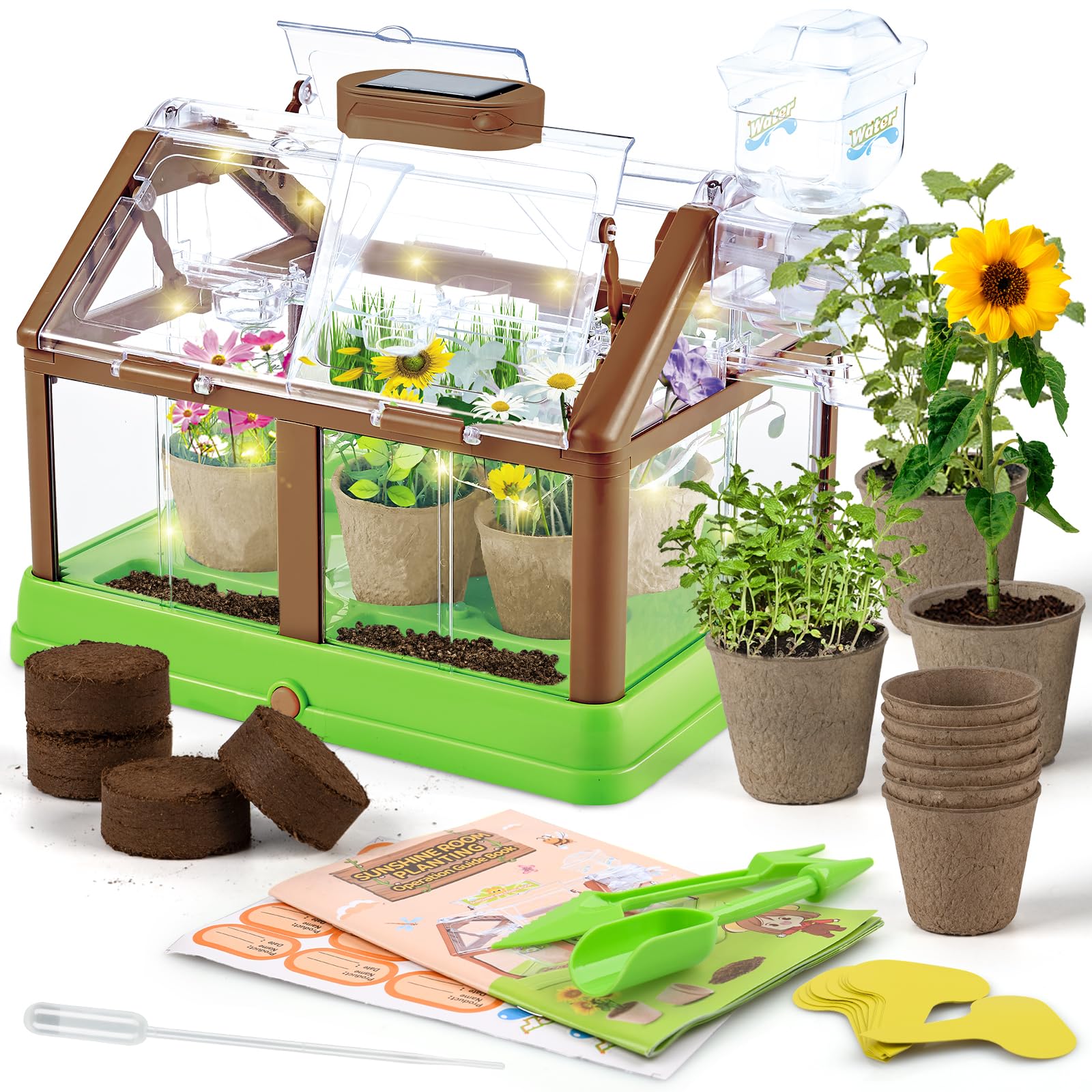 Kids’ Greenhouse & Plant Growing Kit — Upgraded Irrigation + Grow Light (Solar Green)