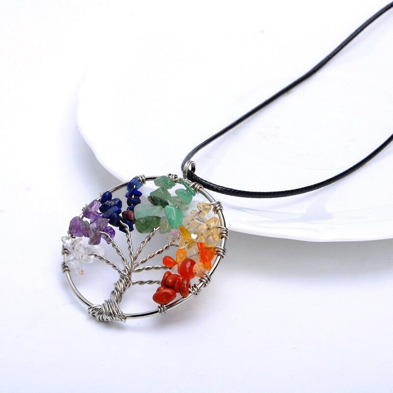 Tree of Life 7‑Chakra Gemstone Pendant — Natural Crystal Healing Necklace