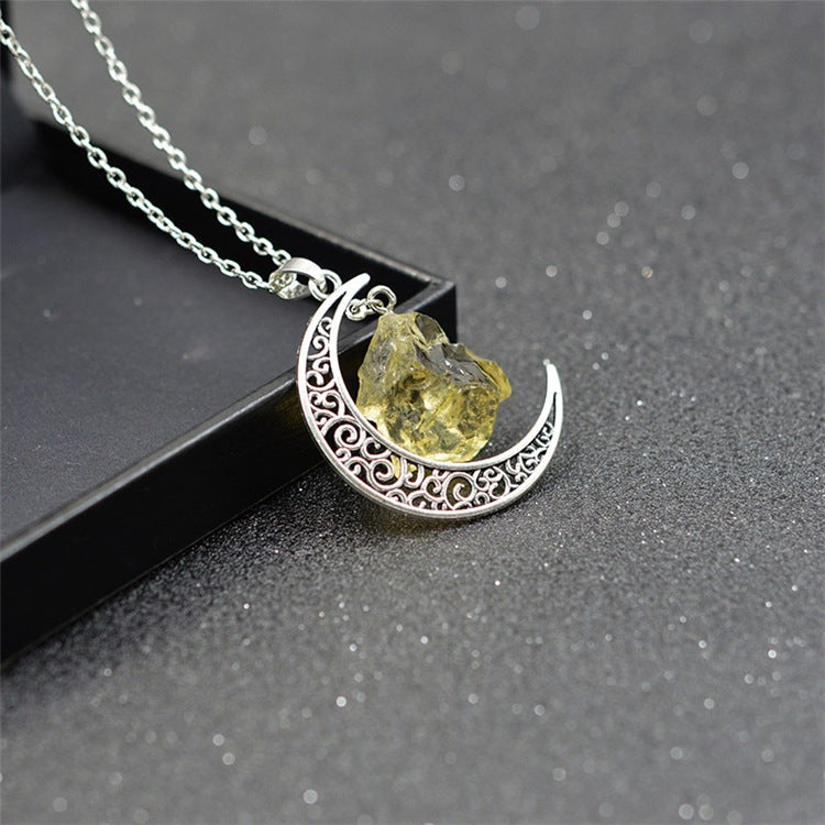 Handcrafted Natural Stone Moon Necklace — Minimalist Celestial Healing Pendant