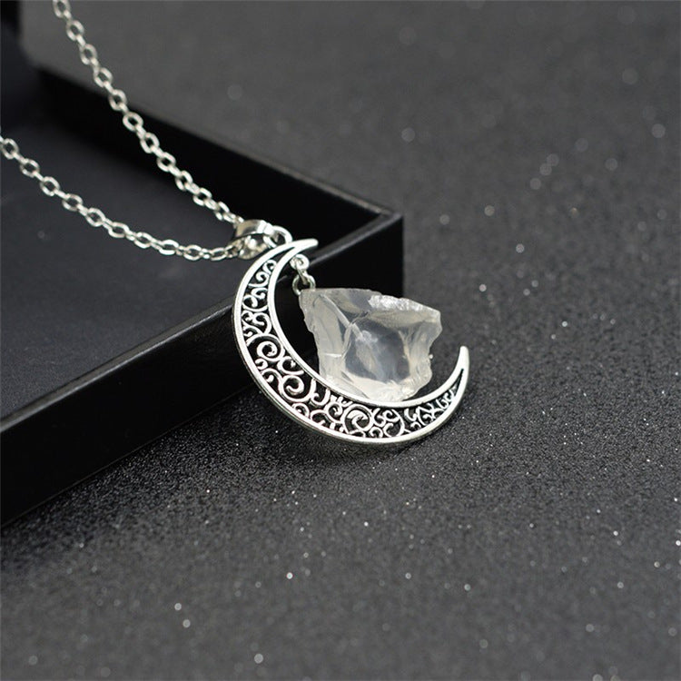 Handcrafted Natural Stone Moon Necklace — Minimalist Celestial Healing Pendant